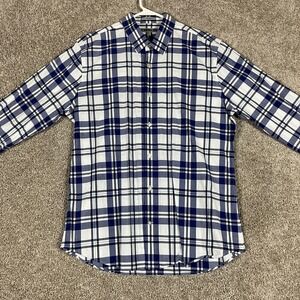 Express Mens Fitted Blue White Plaid Button Up Shirt Size XL 17-17.5 Lightweight
